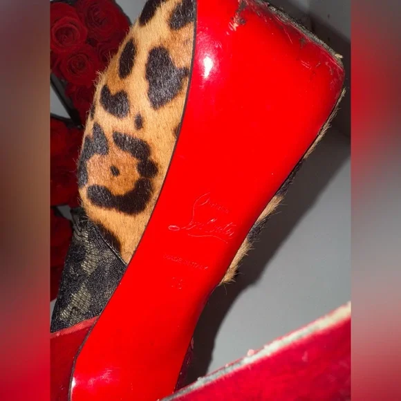 Christian Louboutin Leopard Print/Red Pony Hair and Black Lace Aeronotoc Booties - Picture 2 of 12